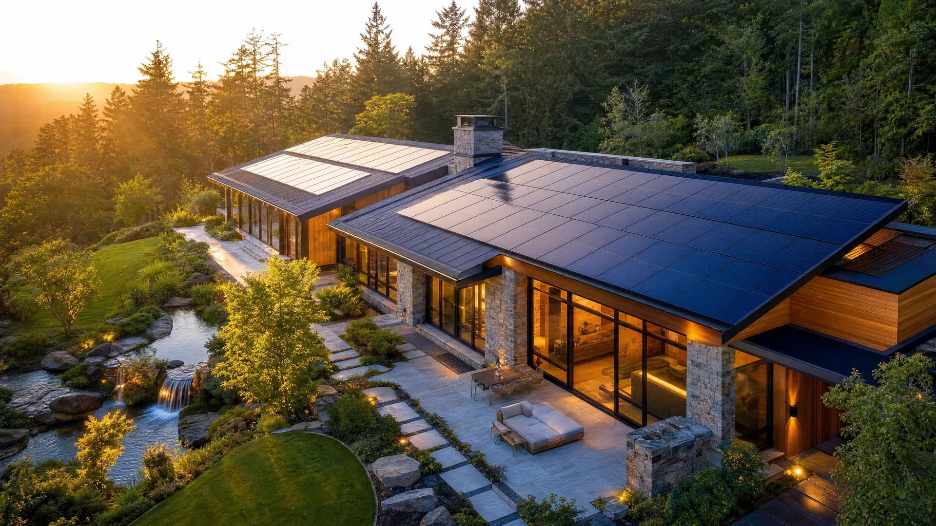 Beautiful self-powered solar home at golden hour